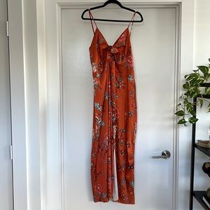 Fashionme Women Spaghetti Strap Midi Satin Tie Front Backless Split Hollow Dress